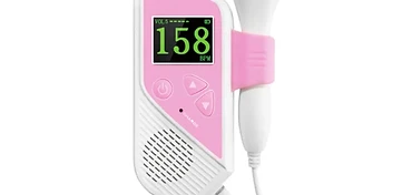 Wincom FD-A20B handheld fetal doppler with pink faceplate, LCD showing 158 BPM, volume keys and side-clip probe