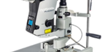 Quantel Medical OPTIMIS Fusion YAG/SLT laser mounted on its slit-lamp workstation with control console