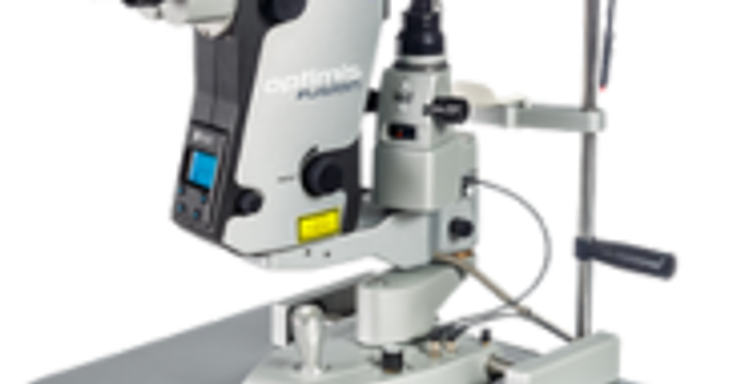 Quantel Medical OPTIMIS Fusion YAG/SLT laser mounted on its slit-lamp workstation with control console
