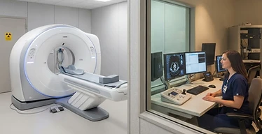 Fluoroscopy System — CT scanner gantry with control station in a radiology imaging suite