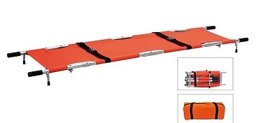 Orange folding aluminium four-fold emergency stretcher with black webbing straps, four carrying handles and matching orange carry bag
