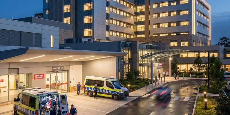200-Bed Hospital Project — Completed modern hospital building exterior with ambulance bay