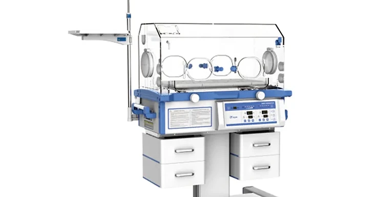 Wincom BBI-200S infant incubator with clear access-port hood, control console, storage drawers and mobile base with IV stand