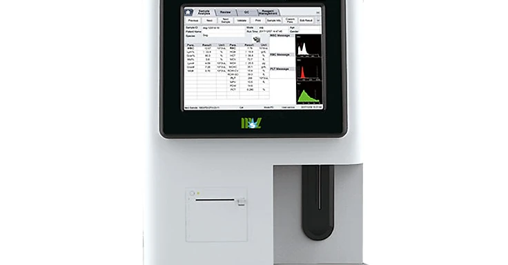MSLAB22VET veterinary 3-part hematology analyzer with touchscreen showing sample analysis results and RBC/PLT/WBC histograms
