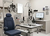 Ultra Q Reflex Neo YAG Laser (Ellex brand) — Slit lamp microscope and phoropter refraction unit in an ophthalmology examination room