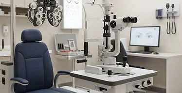 Auto Refractometer — Slit lamp microscope and phoropter refraction unit in an ophthalmology examination room