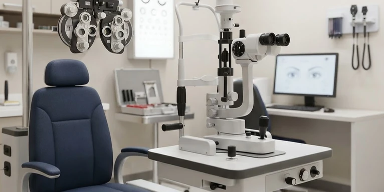 Tonometer — Slit lamp microscope and phoropter refraction unit in an ophthalmology examination room