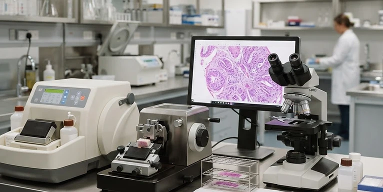 Slide Stainer — Tissue processor, microtome and slide review workstation in a histopathology laboratory