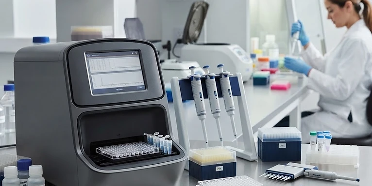 DNA Sequencer — DNA sequencing instrument with micropipettes and sample plates in a genomics laboratory