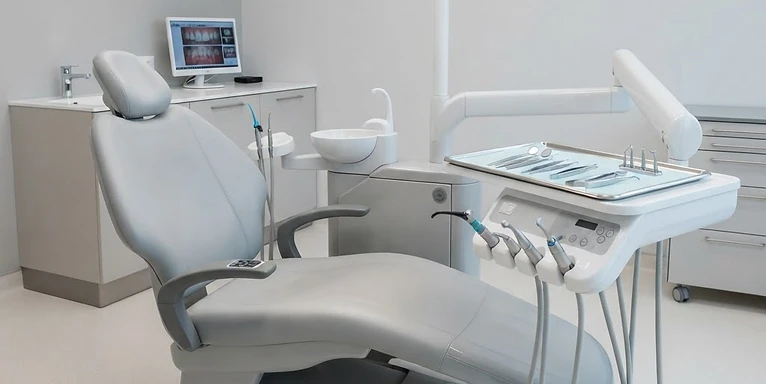 Panoramic X-Ray System — Dental treatment chair unit with overhead operating light in a modern dental clinic