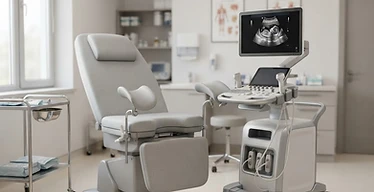 Colposcope — Gynaecology examination chair with obstetric ultrasound machine in a clinic room