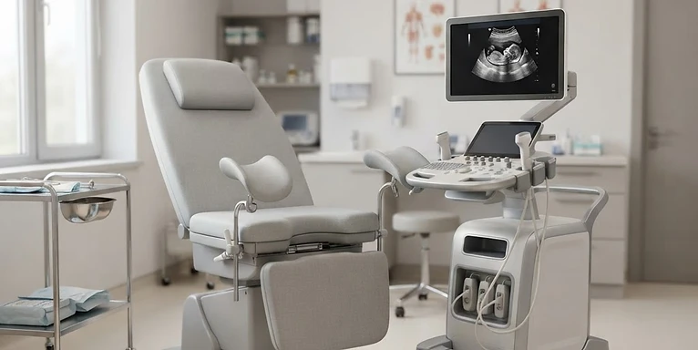 Fetal Monitor — Gynaecology examination chair with obstetric ultrasound machine in a clinic room