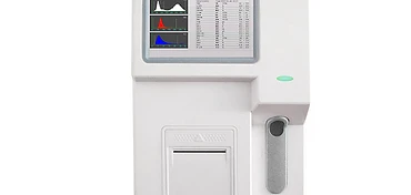 MSL MSLAB33 hematology analyzer with LCD touch screen showing blood count results, histograms and thermal printer