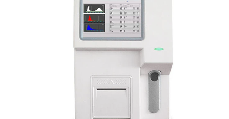 MSL MSLAB33 hematology analyzer with LCD touch screen showing blood count results, histograms and thermal printer