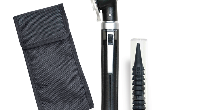 Black fibre optic pocket otoscope with magnifying viewing lens, belt pouch and tube of black disposable ear specula