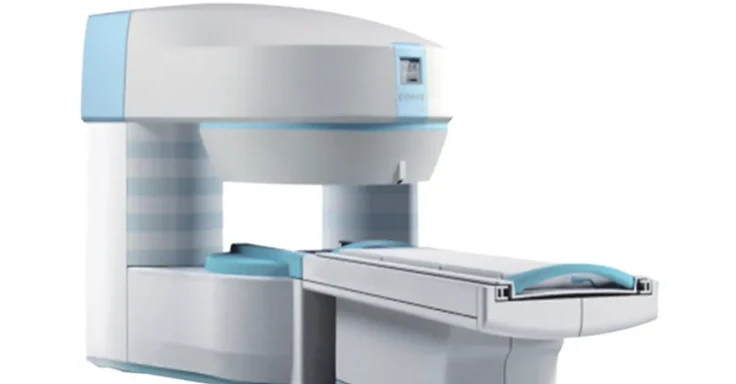 Wincom MRI-B050 0.5T open permanent magnet MRI system with C-shaped gantry and patient table