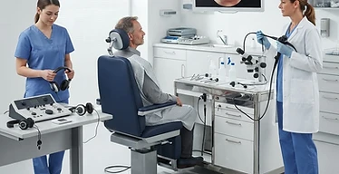 Audiometer — ENT treatment unit with examination chair, endoscopy monitor and audiology equipment