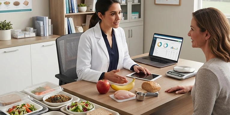 Nutritional Assessment Scale — Clinical nutrition and dietetics workstation with therapeutic meal trays and dietary analysis models