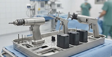 Orthopaedic Drill — Orthopaedic surgical drill, saw and battery packs on a sterile instrument tray