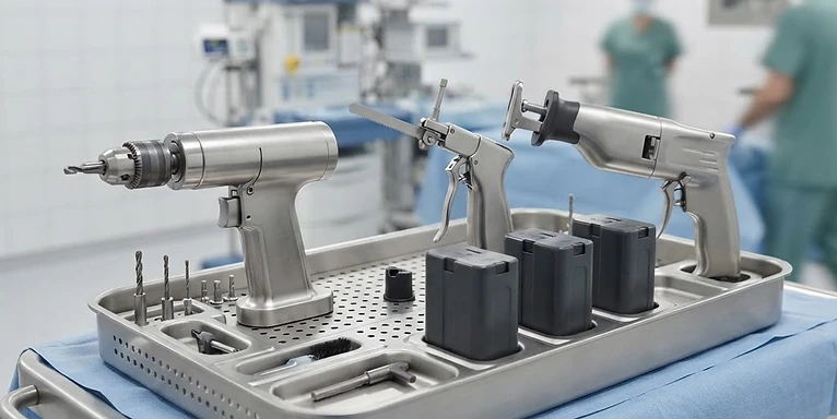 Reamer System — Orthopaedic surgical drill, saw and battery packs on a sterile instrument tray