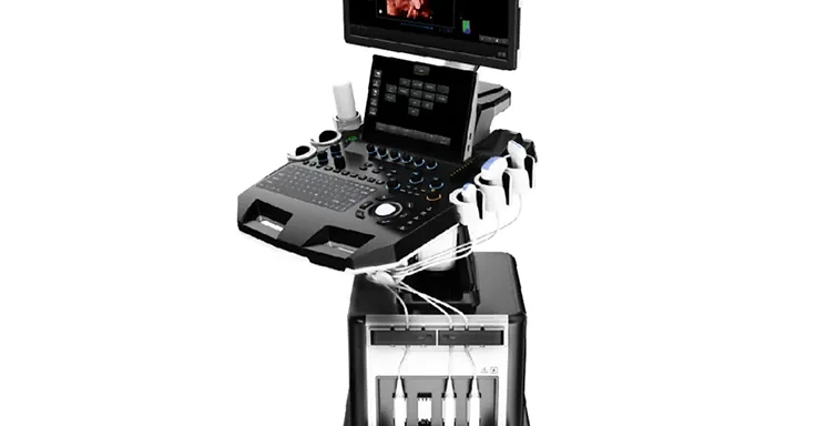 Wincom USS-T3-D dual-screen trolley Doppler ultrasound with secondary display, control console and four labelled probe ports