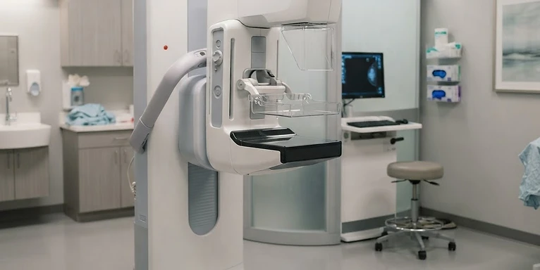 Mobile Mammography Unit — Mammography breast screening machine with compression paddle in a women's imaging room