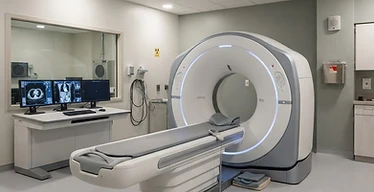 64-Slice CT Scanner — Computed tomography CT scanner gantry with patient table in a radiology room