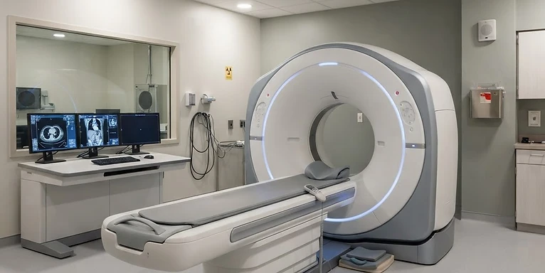 Portable CT Scanner — Computed tomography CT scanner gantry with patient table in a radiology room