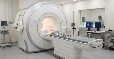 3T MRI Scanner — Magnetic resonance imaging MRI scanner bore with patient table in a radiology suite
