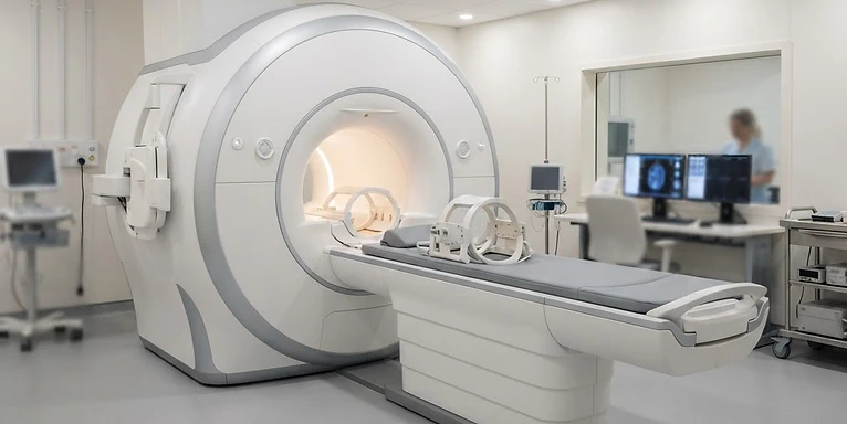 3T MRI Scanner — Magnetic resonance imaging MRI scanner bore with patient table in a radiology suite