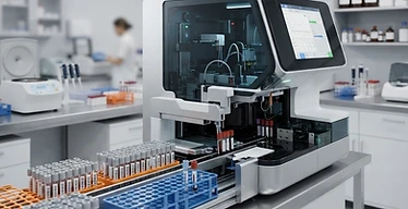 Point-of-Care Chemistry Analyzer — Automated clinical chemistry analyser with sample racks in a hospital laboratory