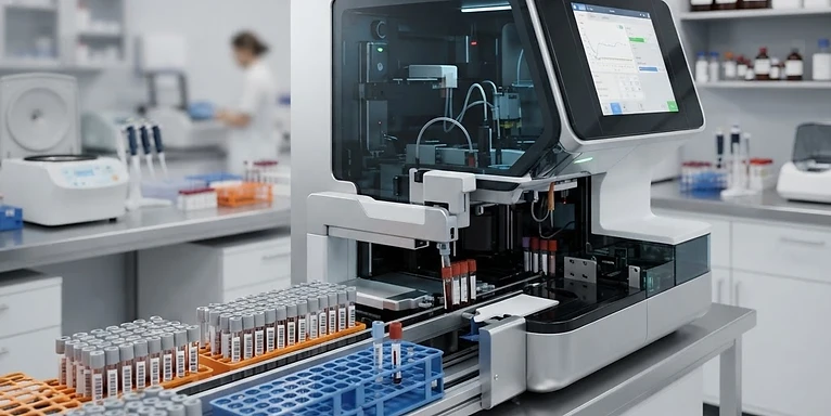 Point-of-Care Chemistry Analyzer — Automated clinical chemistry analyser with sample racks in a hospital laboratory