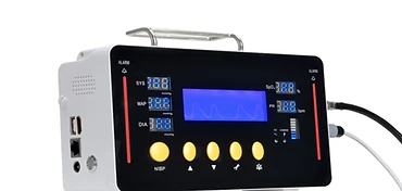 Wincom VSM-6 vital signs monitor showing NIBP, SpO2, pulse rate and ECG waveform on its display