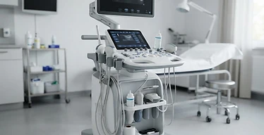EPIQ Elite Ultrasound System — Cart-based ultrasound machine with monitor and transducer probes in an examination room