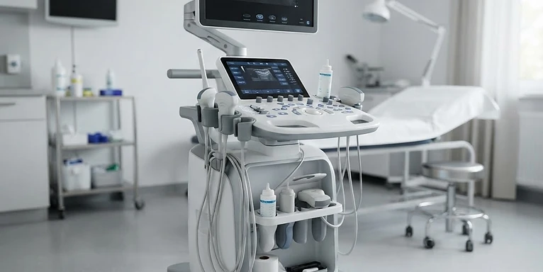 EPIQ Elite Ultrasound System — Cart-based ultrasound machine with monitor and transducer probes in an examination room