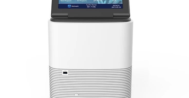 MSLPCR30 OptimumGene real-time PCR thermal cycler with touchscreen console showing program menu and block temperature
