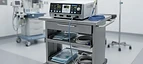 High-Frequency Electrosurgical Unit — Electrosurgical generator unit with handpiece pencil and footswitch on a surgical cart