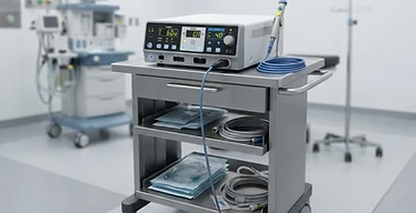High-Frequency Electrosurgical Unit — Electrosurgical generator unit with handpiece pencil and footswitch on a surgical cart