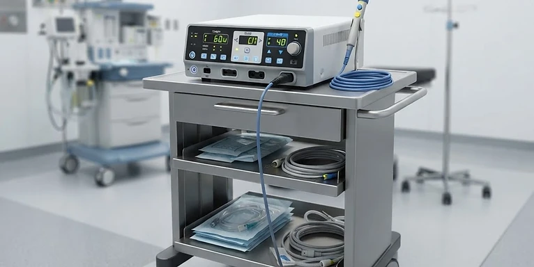 High-Frequency Electrosurgical Unit — Electrosurgical generator unit with handpiece pencil and footswitch on a surgical cart
