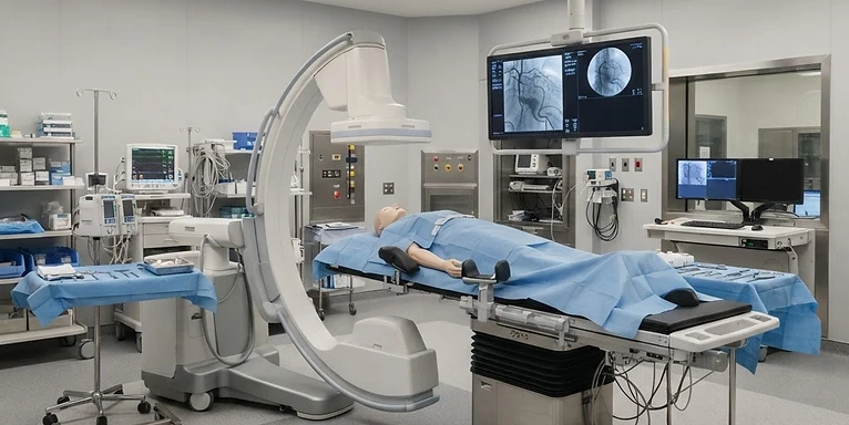 Mobile C-Arm — C-arm fluoroscopy machine in an interventional procedure room