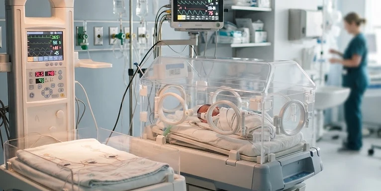 Neonatal Incubator — Neonatal incubator and radiant warmer with neonatal monitor in a neonatal intensive care unit