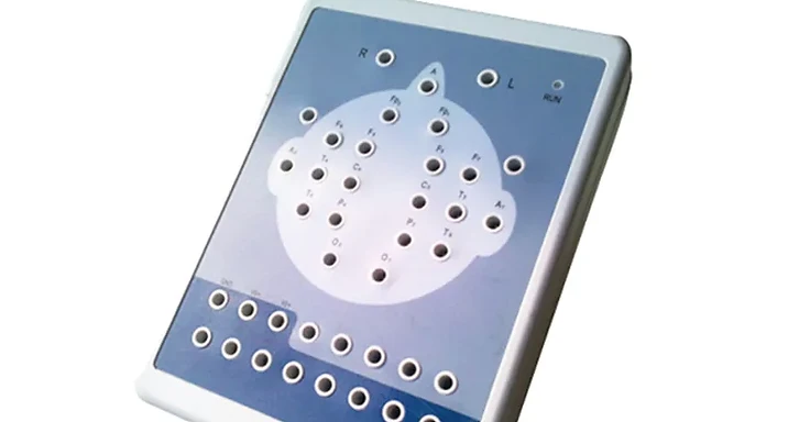 Wincom EEG-88 electroencephalogram headbox with 10-20 electrode position mapping panel and connection ports