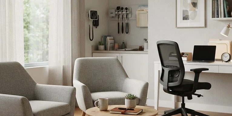 EEG Biofeedback System — Behavioural health consultation room with calm seating and soft natural lighting