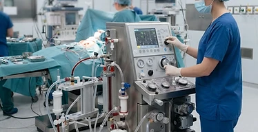 Heart-Lung Machine — Heart-lung machine cardiopulmonary bypass pump with circuit in a cardiac operating theatre
