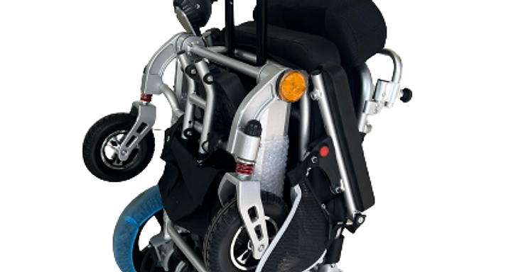 Foldable lightweight electric wheelchair EWC03 with silver aluminium frame, black padded seat, joystick controller and spring-suspension front wheels