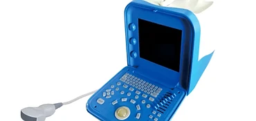 Wincom USS-353B digital portable ultrasound scanner in blue clamshell chassis with keyboard, trackball and convex probe