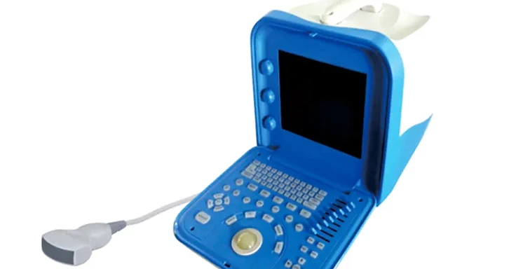 Wincom USS-353B digital portable ultrasound scanner in blue clamshell chassis with keyboard, trackball and convex probe