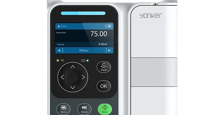 Yonker volumetric infusion pump with LCD flow-rate and delivered-volume display, navigation pad and colour-coded start, bolus and stop keypad on a white pole-mountable chassis