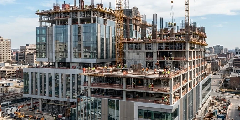 Laboratory Construction — Hospital building under construction with cranes and structural work in progress