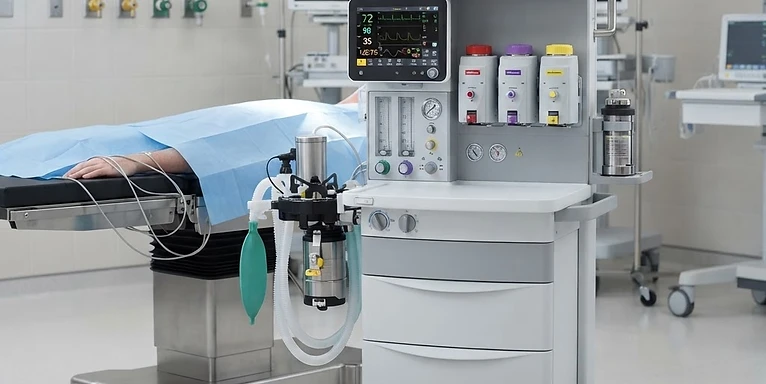 Servo-u Mechanical Ventilator — Anaesthesia machine with ventilator and vaporisers beside an operating table